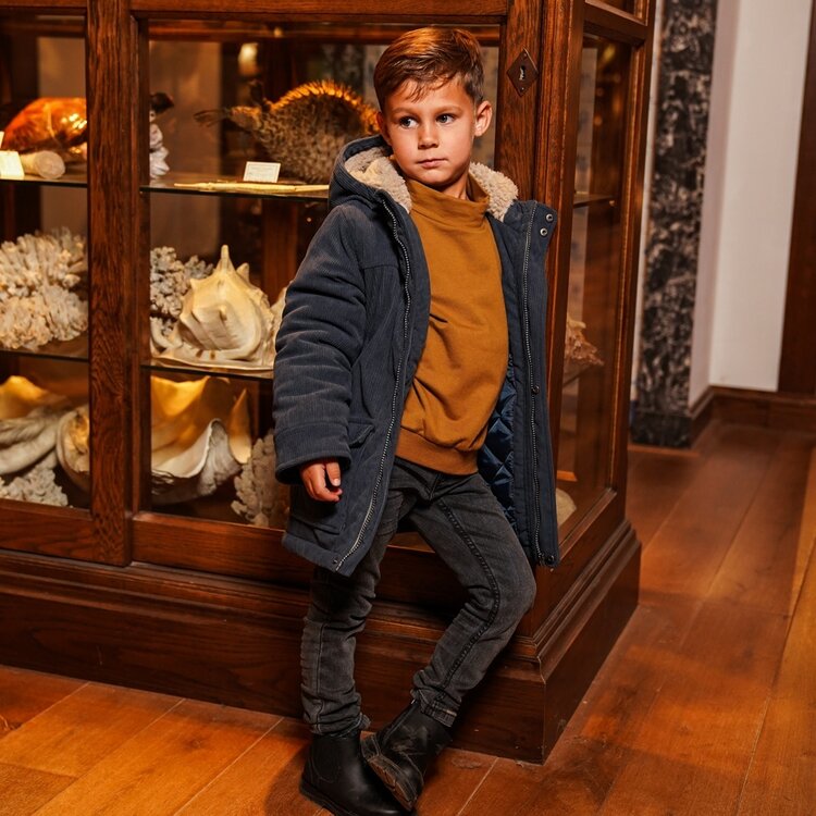 Koko Noko boys’ corduroy winter jacket steel blue hood | O56849-37