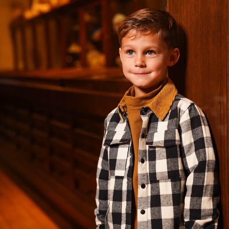 Koko Noko jongens blouse zwart geruit corduroy kraag | O56867-37