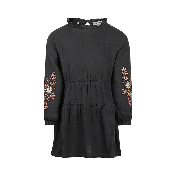 Koko Noko Mädchenkleid schwarz mit gestickter Blume aus Musselin | O56932-37