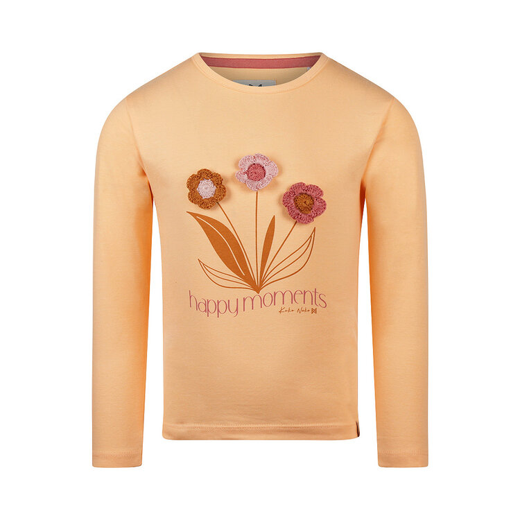Koko Noko Mädchen-Langarmshirt, pfirsichrosa, gehäkelte Blumen | O56982-37