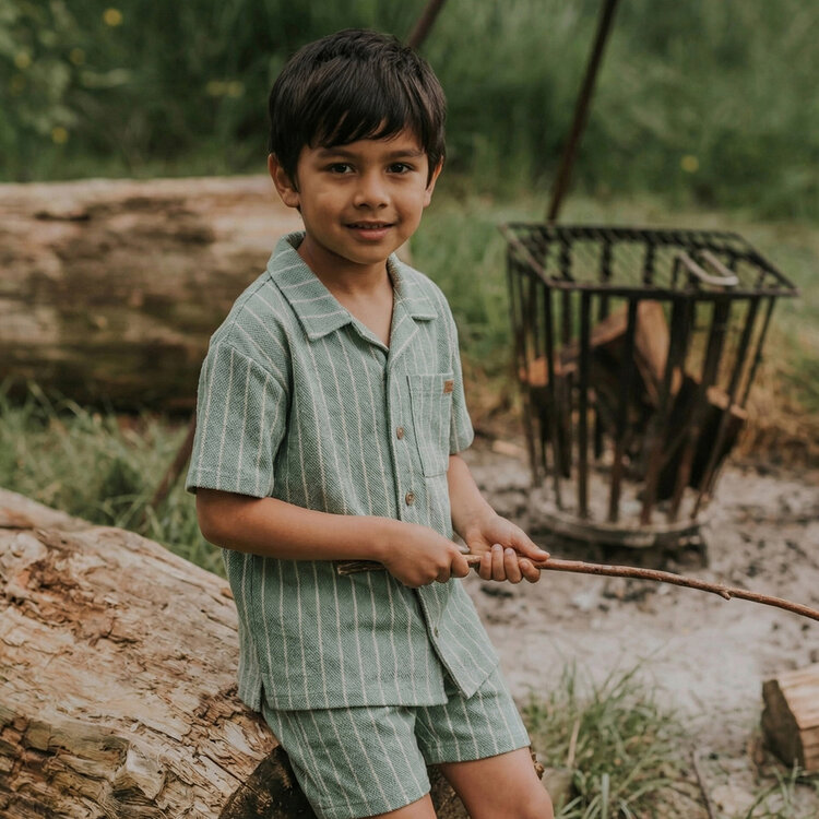 Koko Noko boys' co-ord set sage green blouse shorts stripe | NX58837-37