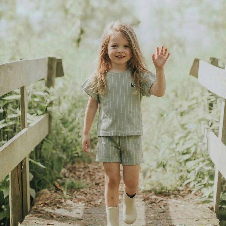 Koko Noko girls' co-ord set top shorts sage green stripe | NX58939-37