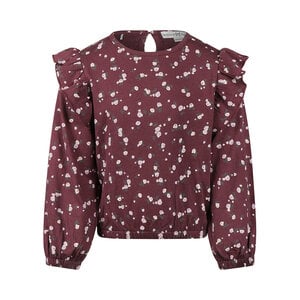 Koko Noko girls’ blouse, dark purple, floral, ruffles
