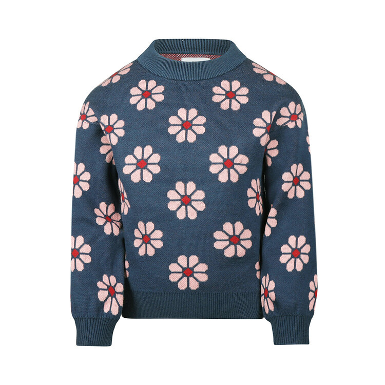 Koko Noko Mädchen-Pullover blau, Blumenmuster, gestrickt | M60981-37