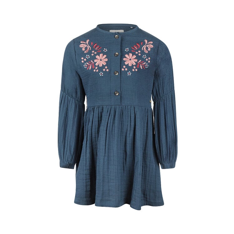 Koko Noko meisjes jurk blauw bloemen borduursel | M60992-37