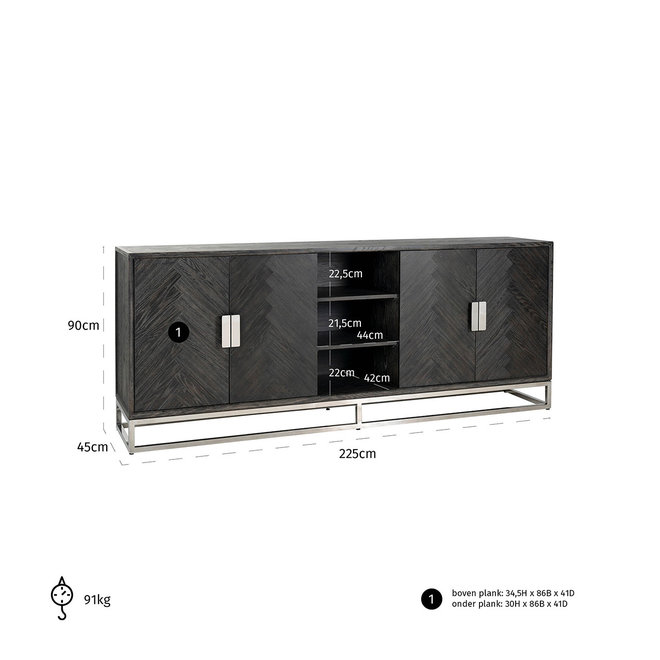 Dressoir Blackbone silver 4-deuren + open vak (Zilver)