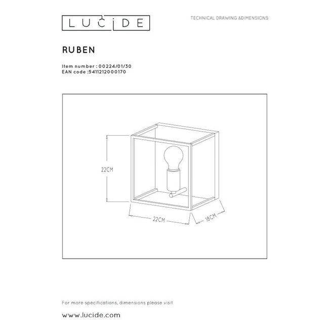 Lucide Ruben - Wandlamp 1xE27 Zwart