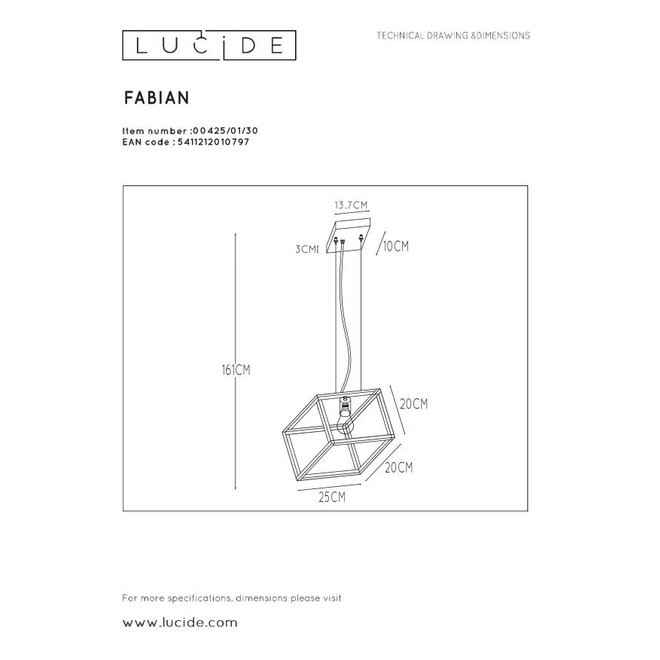 Lucide Fabian - Hanglamp 1xE27 Zwart