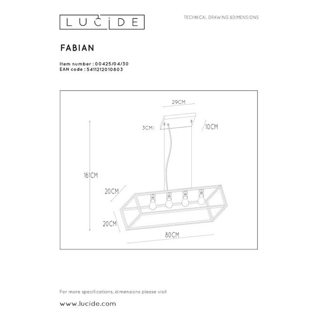 Lucide Fabian - Hanglamp 4xE27 Zwart