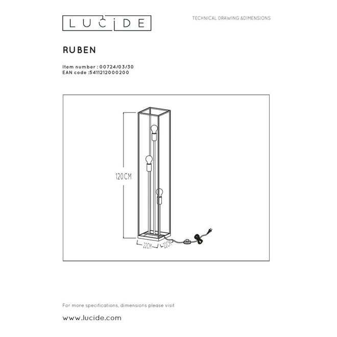Lucide Ruben - Vloerlamp 3xE27 Zwart