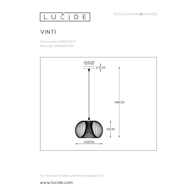 Lucide Vinti - Hanglamp Ø 30 cm 1xE27 Koper