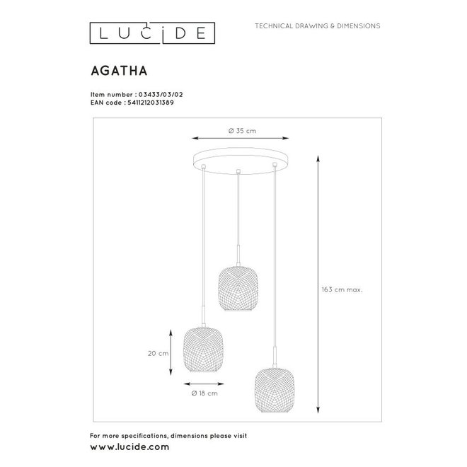 Lucide Agatha - Hanglamp Ø 35 cm 3xE27 Mat Goud / Messing