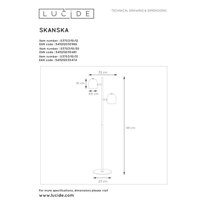 Lucide Skanska - Vloerlamp LED Dimb. 2x5W 2700K Wit