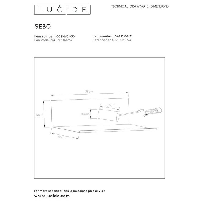 Lucide Sebo - Bedlamp 1xE27 Wit