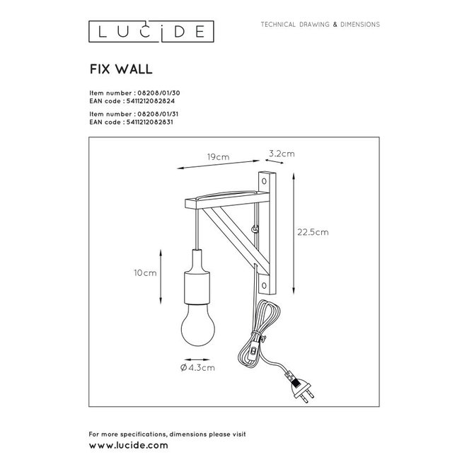 Lucide Fix Wall - Wandlamp 1xE27 Wit