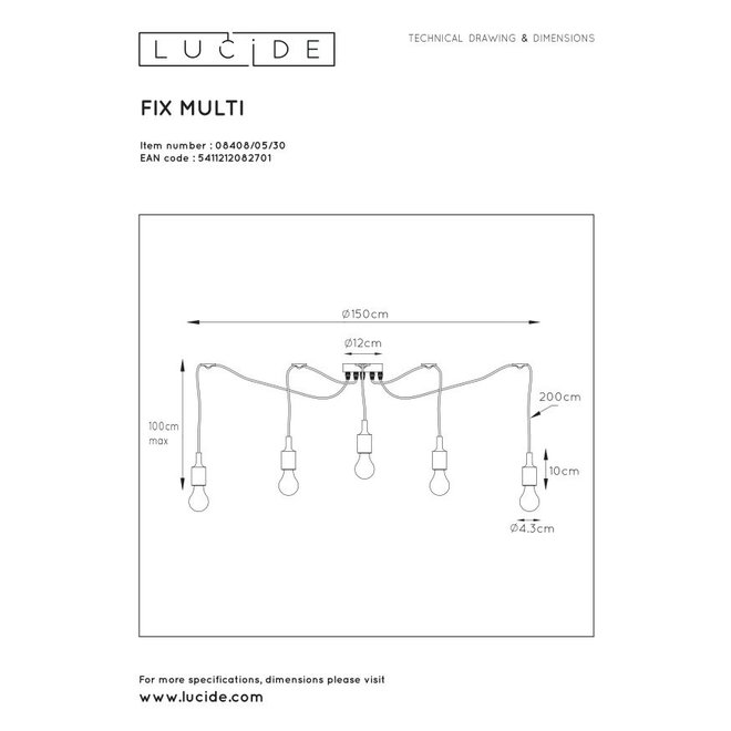 Lucide Fix Multiple - Hanglamp 5xE27 Zwart