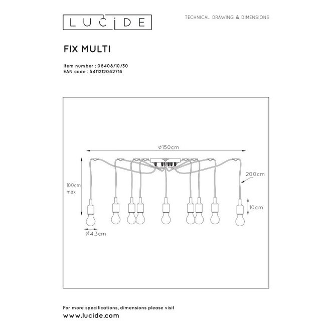 Lucide Fix Multiple - Hanglamp 10xE27 Zwart