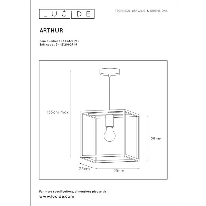 Lucide Arthur - Hanglamp 1xE27 Zwart