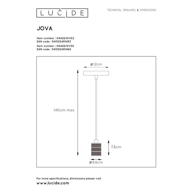 Lucide Jova - Hanglamp Ø 4,6 cm 1xE27 Zwart