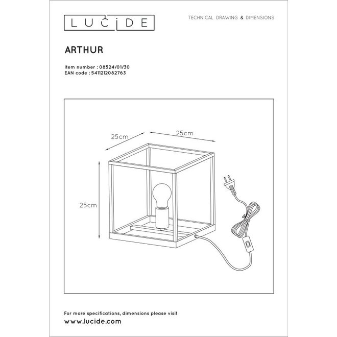 Lucide Arthur - Tafellamp 1xE27 Zwart