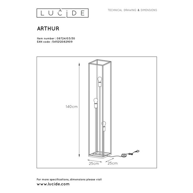 Lucide Arthur - Vloerlamp 3xE27 Zwart