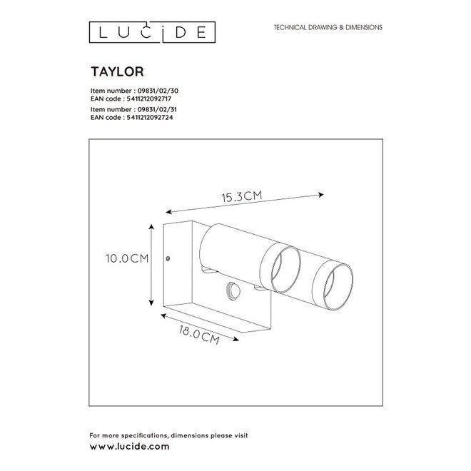 Lucide Taylor - Wandspot Buiten 2xGU10 IP44 Zwart