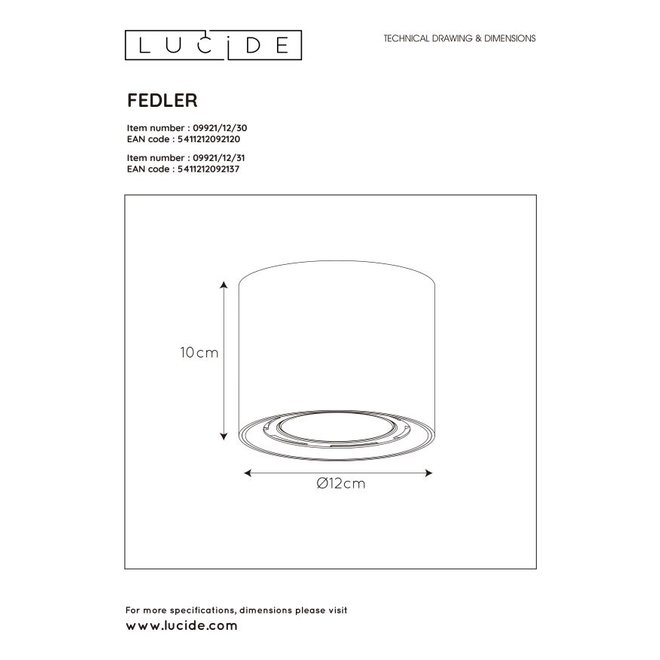 Lucide Fedler - Plafondspot Ø 12 cm LED Dim to warm GU10 1x12W 2200K/3000K Zwart