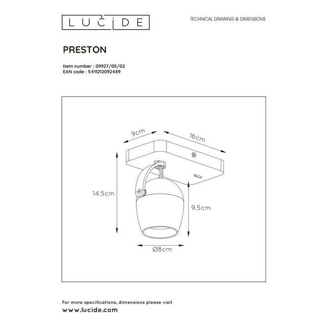 Lucide Preston - Wandspot LED Dim to warm GU10 1x5W 2200K/3000K Mat Goud / Messing