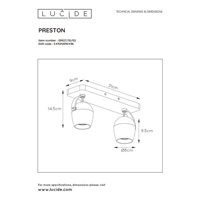 Lucide Preston - Plafondspot LED Dim to warm GU10 2x5W 2200K/3000K Mat Goud / Messing