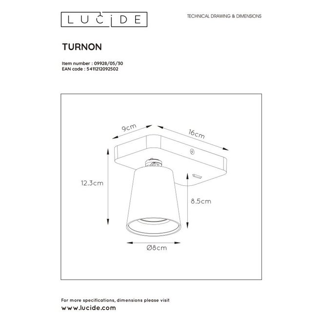 Lucide Turnon - Wandspot LED Dim to warm GU10 1x5W 2200K/3000K Zwart