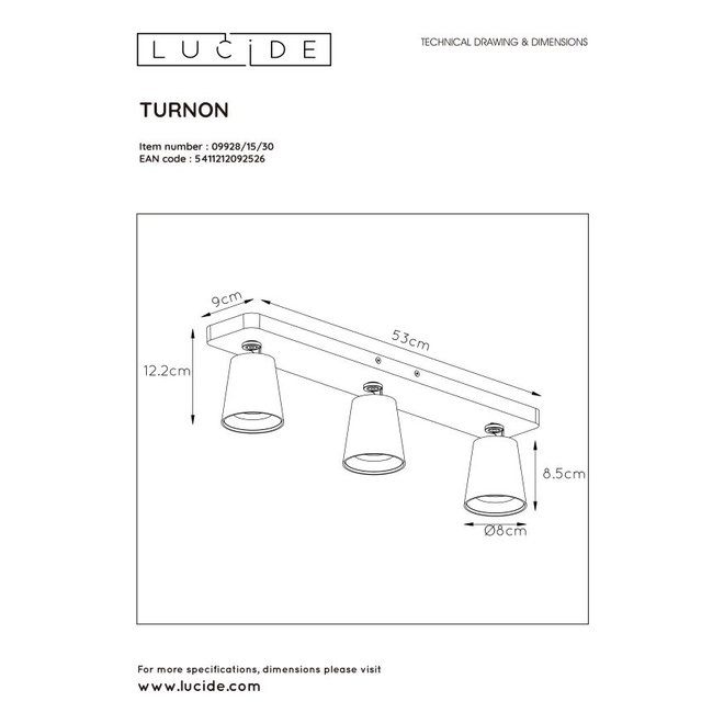 Lucide Turnon - Plafondspot LED Dim to warm GU10 3x5W 2200K/3000K Zwart