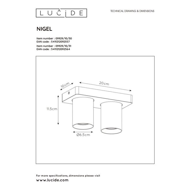 Lucide Nigel - Plafondspot LED Dim to warm GU10 2x5W 2200K/3000K Wit