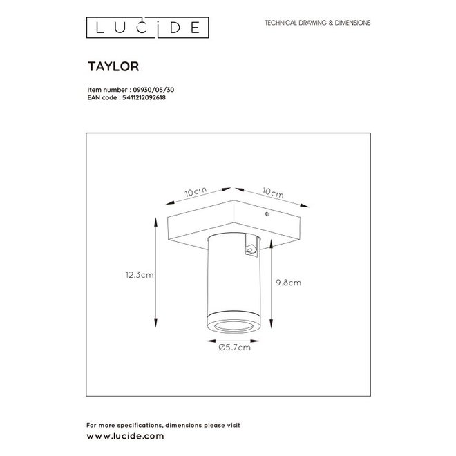 Lucide Taylor - Plafondspot Badkamer LED Dim to warm GU10 1x5W 2200K/3000K IP44 Zwart