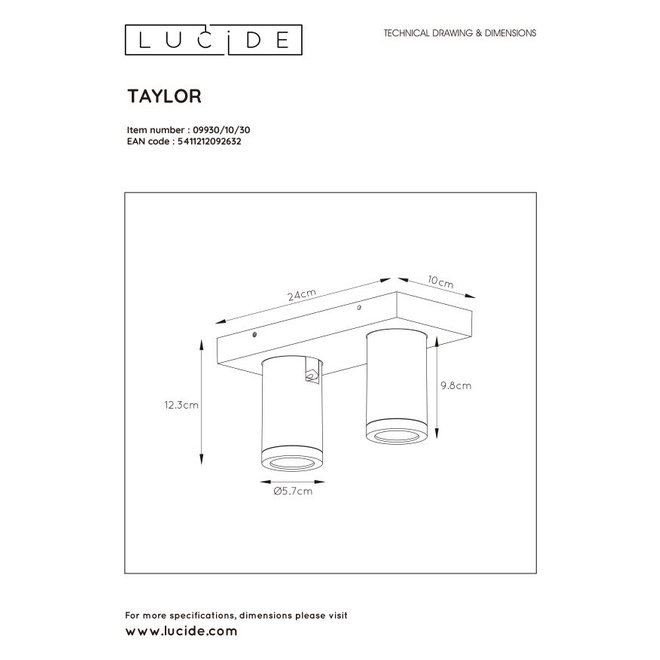 Lucide Taylor - Plafondspot Badkamer LED Dim to warm GU10 2x5W 2200K/3000K IP44 Zwart