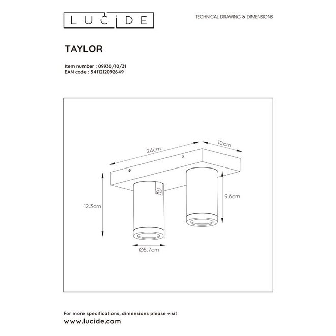 Lucide Taylor - Plafondspot Badkamer LED Dim to warm GU10 2x5W 2200K/3000K IP44 Wit