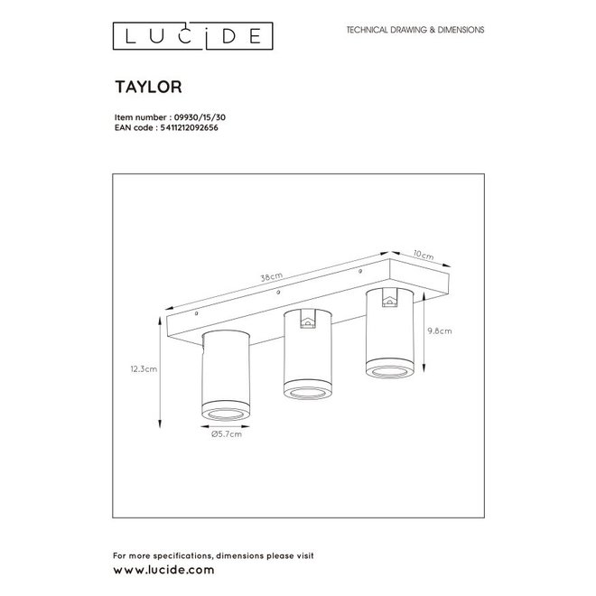 Lucide Taylor - Plafondspot Badkamer LED Dim to warm GU10 3x5W 2200K/3000K IP44 Zwart