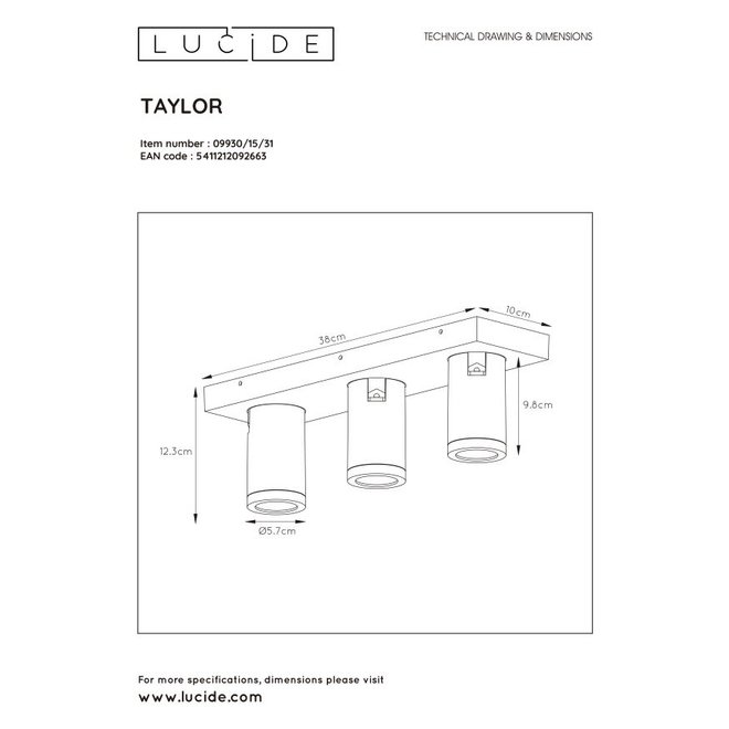 Lucide Taylor - Plafondspot Badkamer LED Dim to warm GU10 3x5W 2200K/3000K IP44 Wit