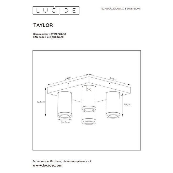 Lucide Taylor - Plafondspot Badkamer LED Dim to warm GU10 4x5W 2200K/3000K IP44 Zwart