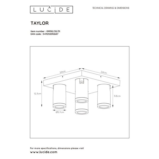Lucide Taylor - Plafondspot Badkamer LED Dim to warm GU10 4x5W 2200K/3000K IP44 Wit