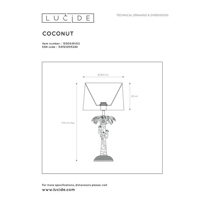 Lucide Extravaganza Coconut - Tafellamp Ø 30,5 cm 1xE27 Mat Goud / Messing