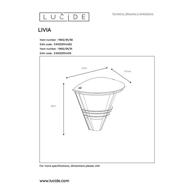 Lucide Livia - Wandlamp Buiten 1xE27 IP44 Zwart