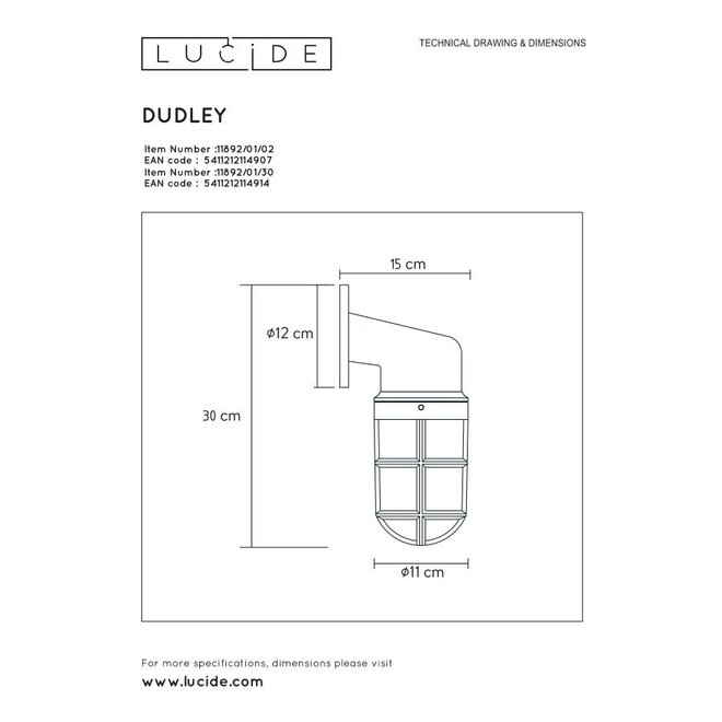 Lucide Dudley - Wandlamp Buiten 1xE27 IP44 Zwart