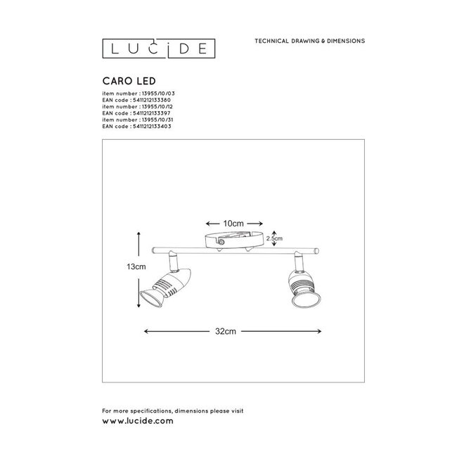 Lucide Caro-led - Plafondspot LED GU10 2x5W 2700K Mat chroom