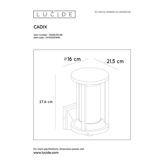 Lucide Cadix - Wandlamp Buiten 1xE27 IP65 Zwart