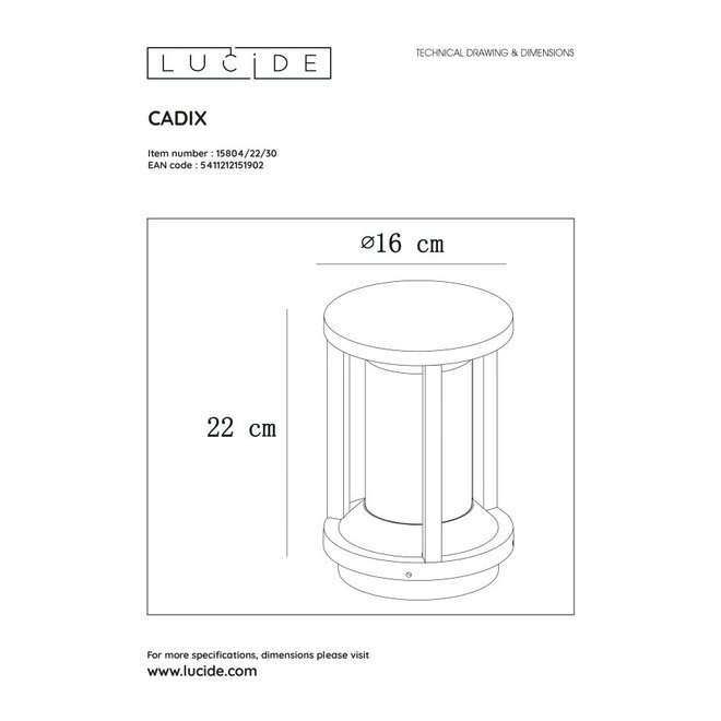 Lucide Cadix - Sokkellamp Buiten Ø 16 cm 1xE27 IP65 Zwart