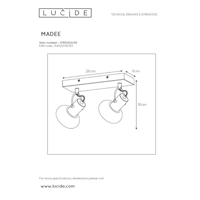 Lucide Madee - Plafondspot 2xE14 Zwart