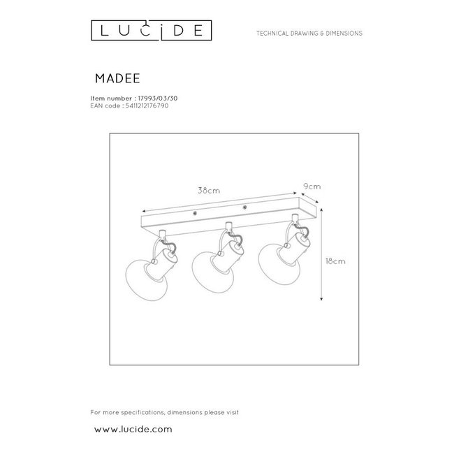 Lucide Madee - Plafondspot 3xE14 Zwart