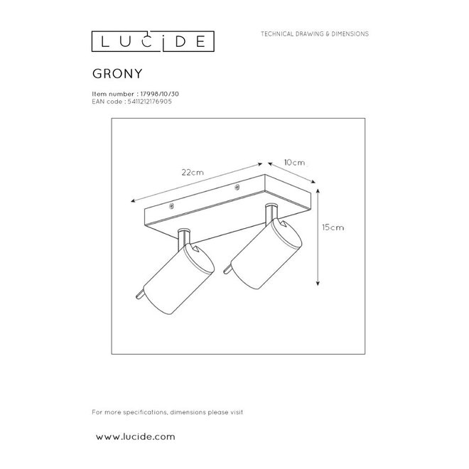 Lucide Grony - Plafondspot LED Dim to warm GU10 2x5W 2200K/3000K Zwart