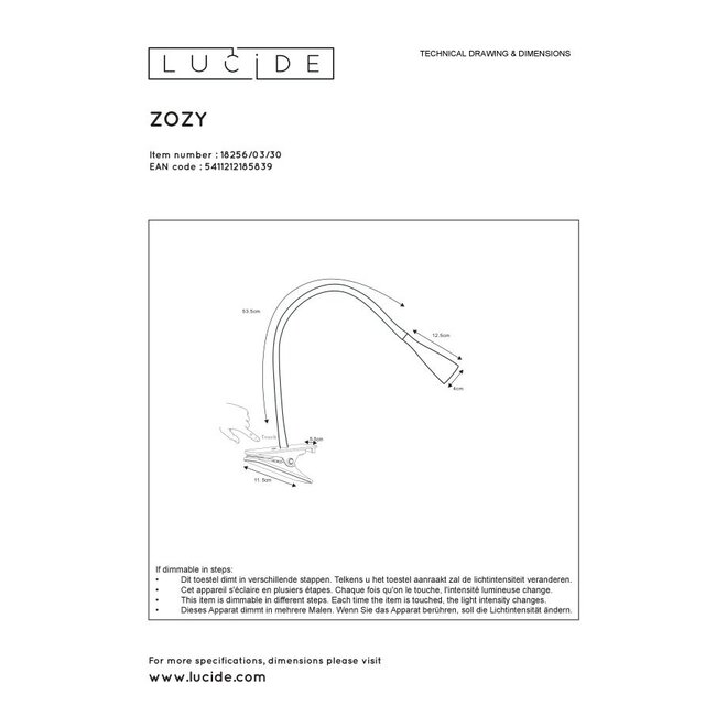 Lucide Zozy - Klemlamp LED Dimb. 1x3W 3000K 3 StepDim Zwart