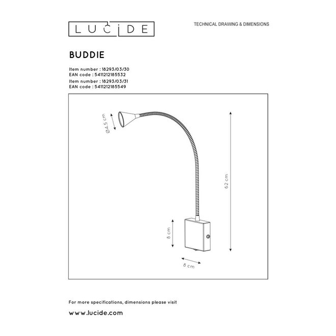 Lucide Buddy - Bedlamp LED 1x3W 4000K Wit
